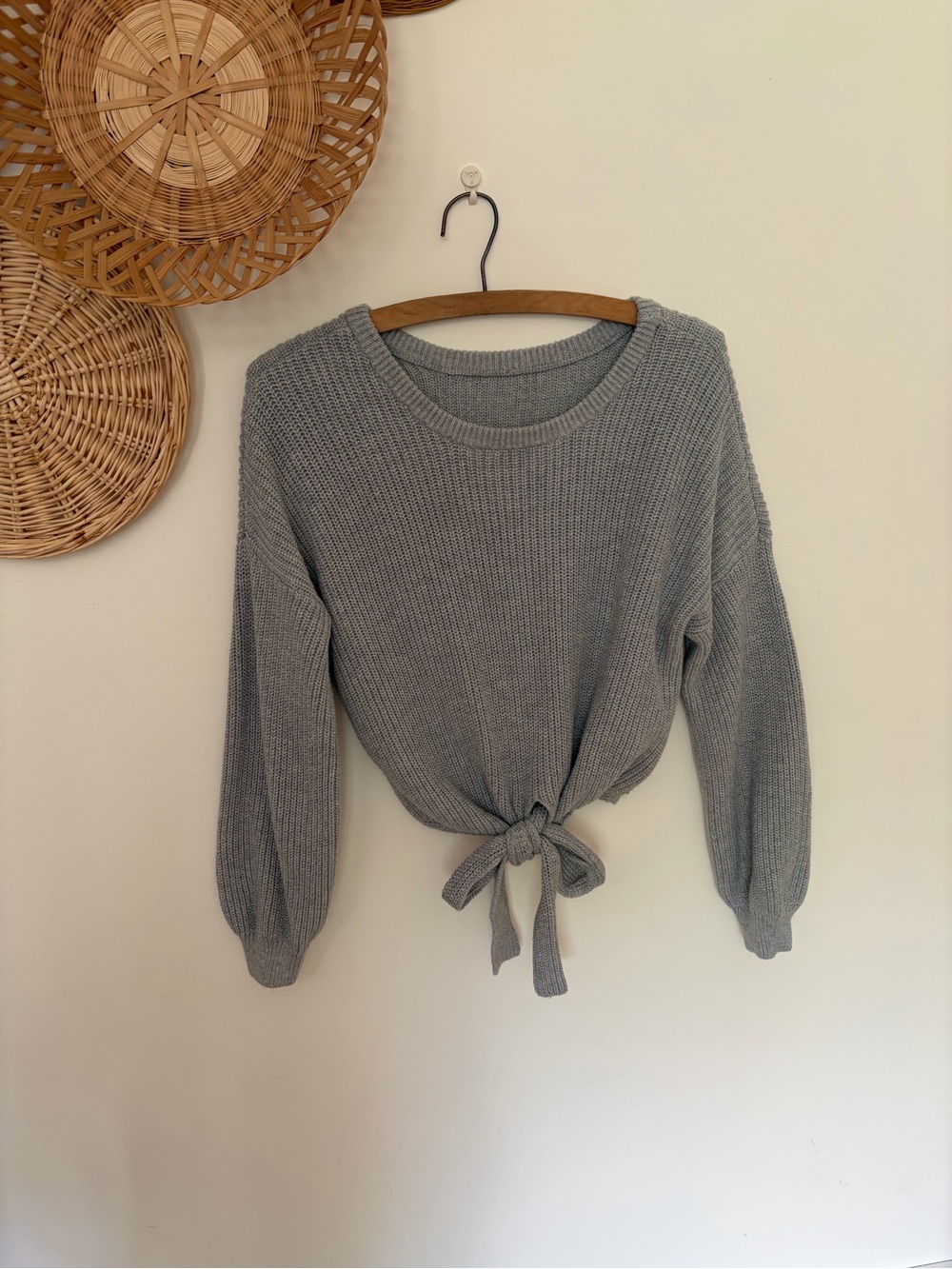 Hollister Light Gray Ribbed Tie-Front Crew Sweater
